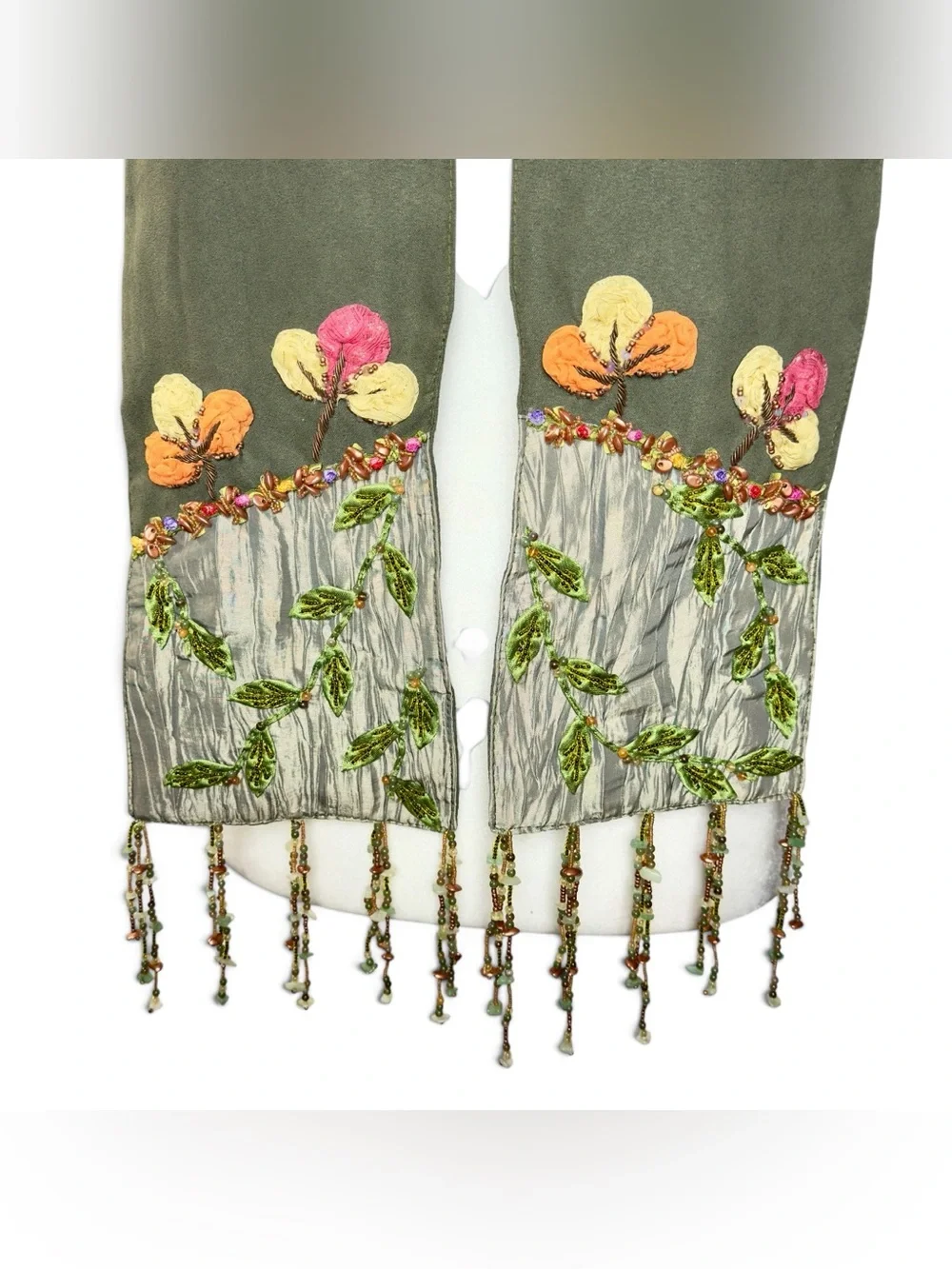 Vintage Mary Frances 100% Silk Beaded Scarf Olive Green Floral Tulip Fringe